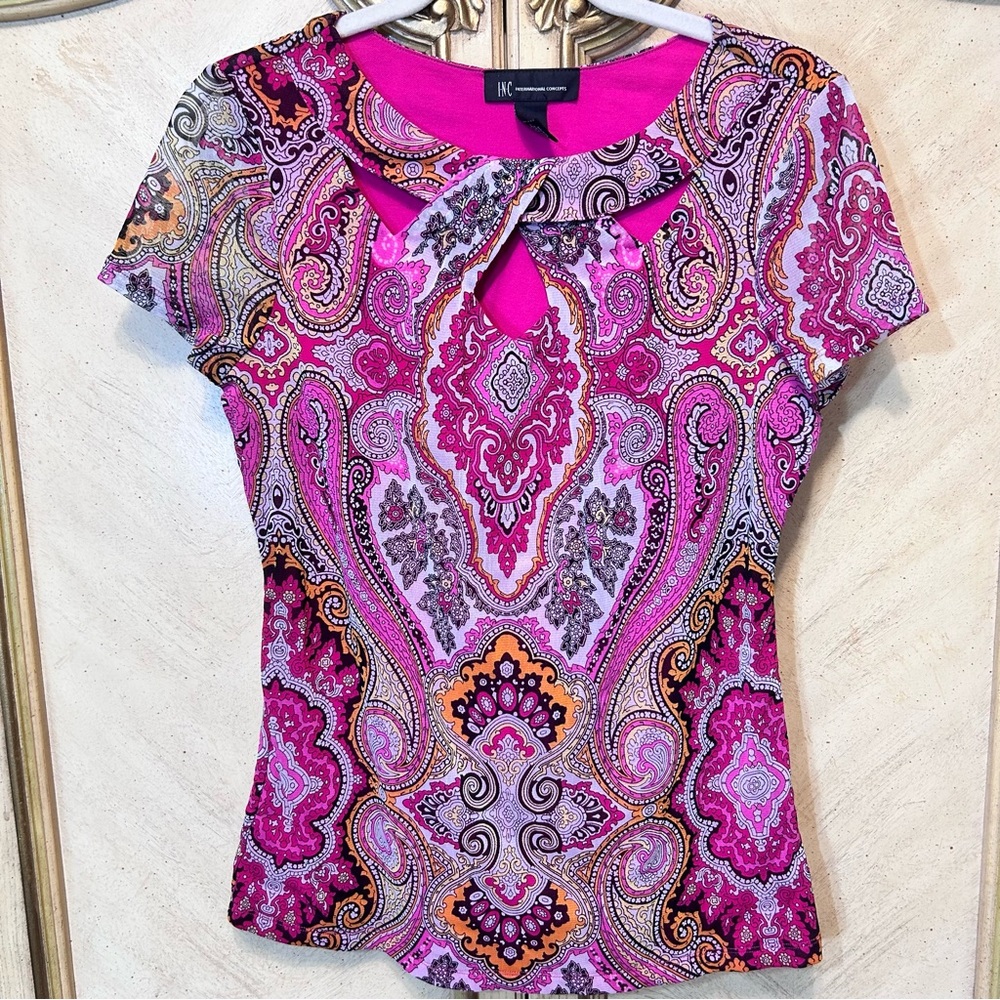 INC International Concepts Floral Paisley Pink Short Sleeve Cutout Blouse